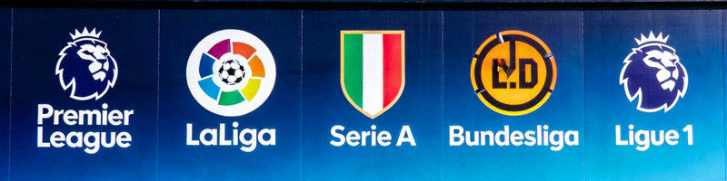 英超、西甲、意甲、德甲、法甲五大欧洲足球联赛标志墙